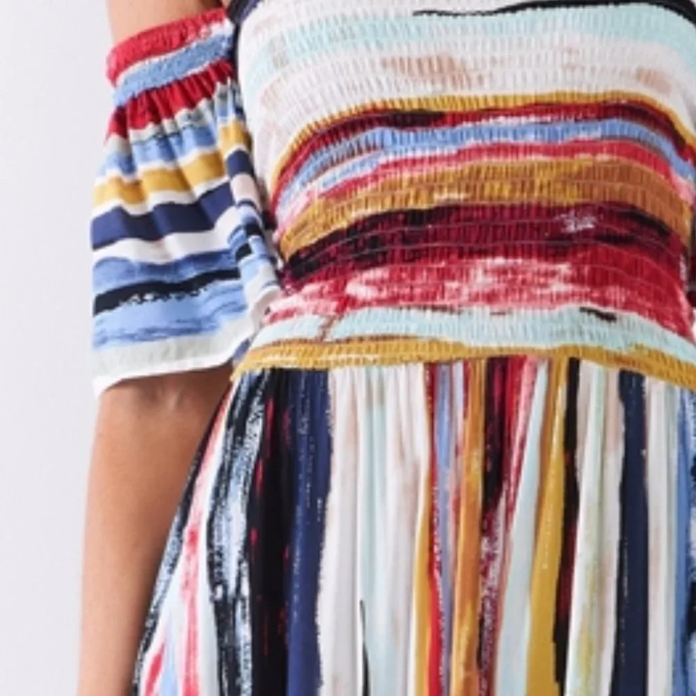Stripe Print Off-The-Shoulder Puff Sleeve Smock La - Picture 4 of 4